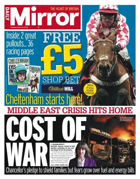 "Middle East crisis hits home: Cost of war," reads the headline on the front page of the Daily Mirror.