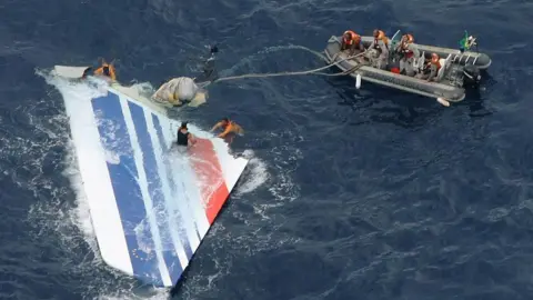 Plane wreckage floating in the sea