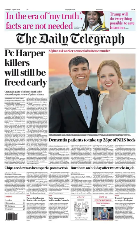 "Pc Harper killers will still be freed early" reads the headline on the front page of the Daily Telegraph.