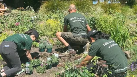 Nottingham City Council Volunteers planting shrubs and plants at the Arboretum, in the sunshine.