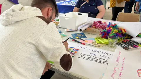 The back of man wearing a grey hoodie as he leans over a table writing on a large bit of paper about how community makes people feel