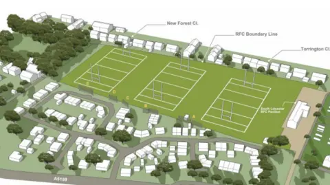 Oadby and Wigston Borough Council A CGI plan shoeing three rugby pitches next to a housing estate