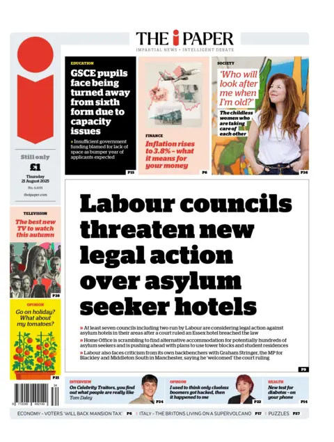"Labour councils threaten new legal action over asylum seeker hotels" reads the headline on the front page of The i Paper.