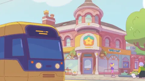 BBC Studios A yellow tram glides past a building and trees in the cartoon