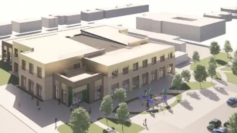 Durham County Council The new modern two-storey leisure centre building is surrounded by trees and a play area.