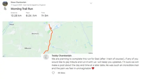 Strava Map of Steve Chamberlain's final run along with a comment from his son vowing to complete it 