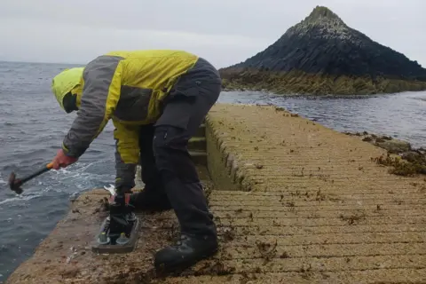 NTS A worker wearing a yellow jacket with the hood up, work trousers and sturdy boots is bent over as he used a hammer at the jetty. It is a wet and windy day and there is a rocky outcrop in the distance.