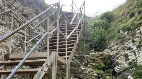 Wooden steps down the side of a cliff that lead to a beach. There are metal handrails down the sides.