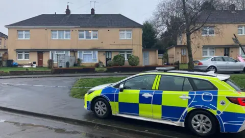 A police car is parked outside a row of beige houses next to a small area of green space. The sky is grey and the street is wet.