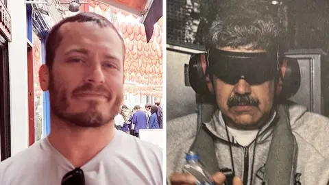 A composite photo showing US soldier Gannon Ken Van Dyke smiling in a white t-shirt alongside a separate image of Nicolas Maduro on the USS Iwo Jima in handcuffs, wearing ear protectors and a type of blindfold.