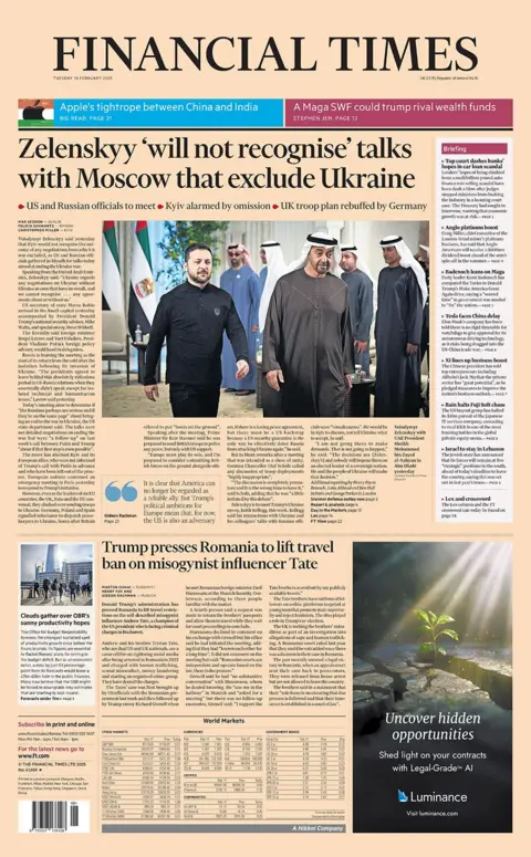 Headline di Top Story of the Financial Times berbunyi: Zelenskyy 'tidak akan mengenali' pembicaraan dengan Moskow yang mengecualikan Ukraina