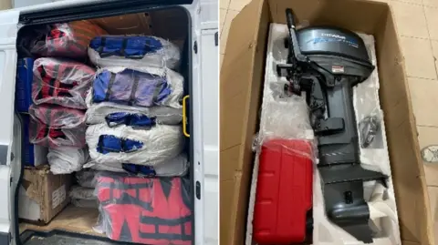 National Crime Agency A composite of two images. The firs, on the left, shows stacks of life jackets and small-boat supplies in the back of a van. The second, on the right, shows a boat engine in a cardboard box.