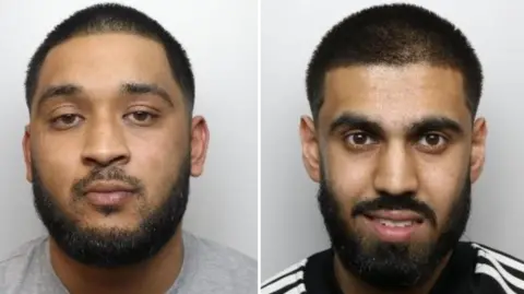 Mughshots of Abidul Islam and Mohammed Sajid. Islam has close cropped dark hair and a dark beard. He is wearing a grey t-shirt. Sajid also has close cropped dark hair and a dark beard. He is wearing a black jumper with white stripes along the shoulders.