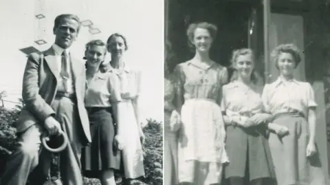Family handout Mary in two black and white photographs as a teenager. On the left, she is in between her mother and father. Her father is wearing a suit, shirt and tie, and her mother is wearing a dress. Mary is in a blouse and A-line skirt. On the right, Mary is centre with her sister on the right. Her friend is on the left. Mary and her sister are wearing white blouses and grey skirts and the friend is wearing a white apron.