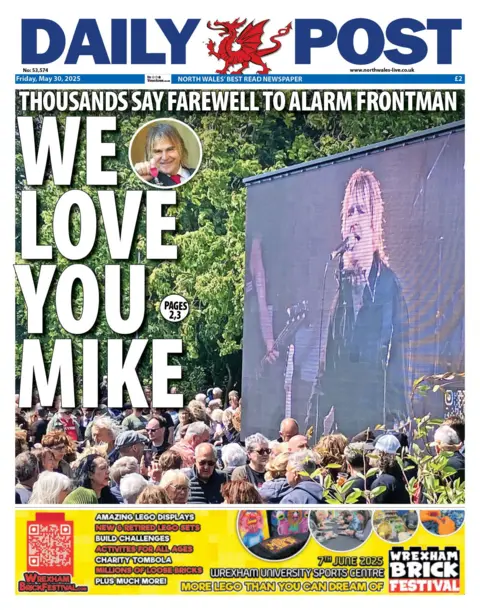 Daily Post Daily Post front page. Main image Mike Peters, Text: Thousands say farewell to Alarm frontman. We love you mike. 