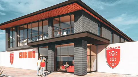 Hull KR An artist impression of a modern two‑storey building with large glass windows and dark cladding. Two people walk toward the entrance while another person sits inside on a red sofa. The building features the Hull KR crest on both sides of the entrance.