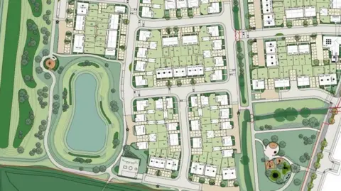 Barratt Homes A drawing which shows a housing estate mapped out. It includes rows of houses and gardens and some grass areas, a large pond and trees. 