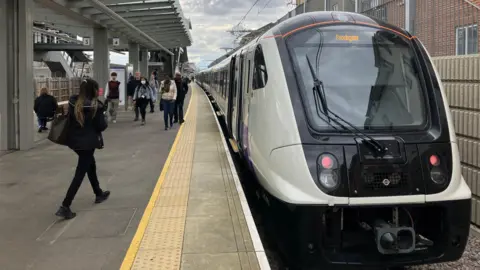 BBC Elizabeth line train on platform at Abbey Wood station