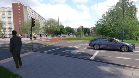 An artist's impression of the new traffic flow by the Bedminster bridges, looking in the direction of Redcliffe Way. There are cycle lanes and a wide pavement.