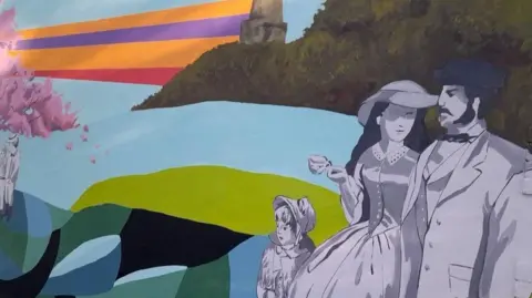 South Swindon Parish Council The mural with a church spire in the background and an Edwardian family