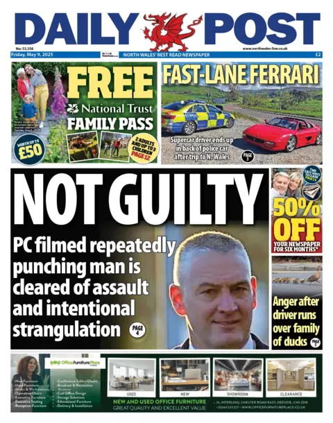 Daily Post The front page of the daily post has a picture of a policeman outside a court and the headline not guilty in large capital letters above the sub headline PC filmed repeatedly punching man is cleared of assault