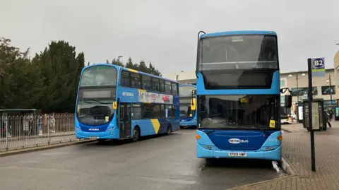 Sam Dixon-French/BBC Three blue Metrobus buses at waiting at Crawley Bus Station
