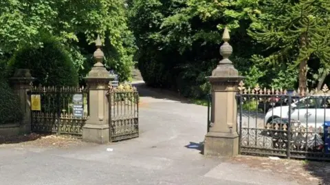 Google Stone gateposts with stone ornaments on top and metal railings alongside.