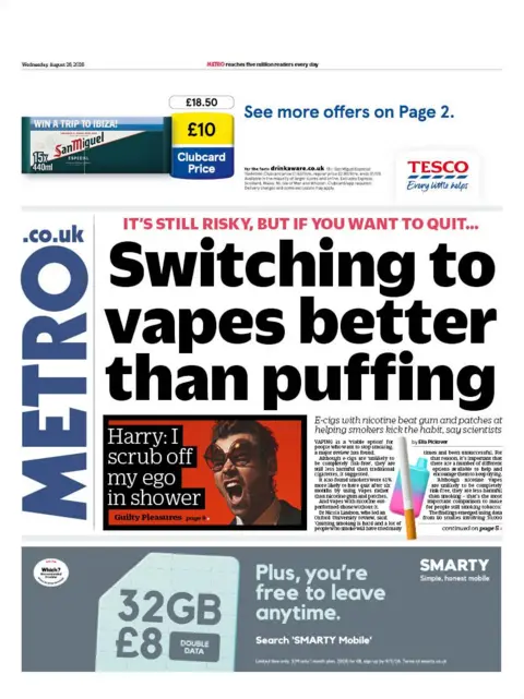 The headline on the front page of the Metro reads: "Switching to vapes better than puffing."