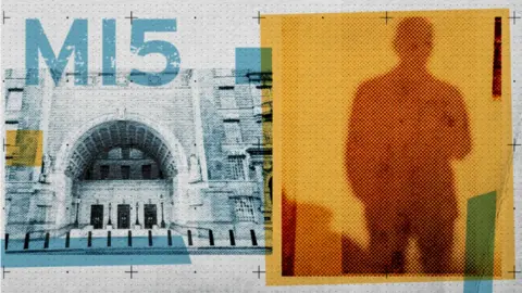 BBC Composite styled image of a shadowy figure, with an orange box around him. The letters MI5 are prominent in the top left of the frame. And the exterior of Thames House in London is also pictured with a light blue colour wash.