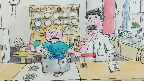 An illustration of a boy cooking at a stove in a kitchen with a concerned expression on his face. There is a man next to him looking worried with his hand on his chin.