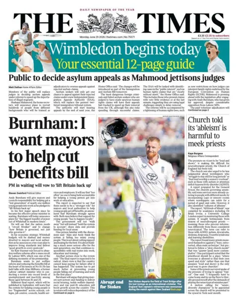 "Burnham: I want mayors to help cut benefits bill" reads the headline on the front page of the Times. 