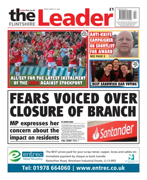 Flintshire Leader The Flintshire Leader front page. The main headline reads "Fears Voiced Over Closure of Branch". The image at the top is of Wrexham football team with the headline "All Set for the Latest Instalment of the Reds Against Stockport." 