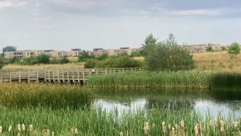 Mousumi Bakshi/BBC A lake with meadows in the background, with large apartment blocks in the distance.  