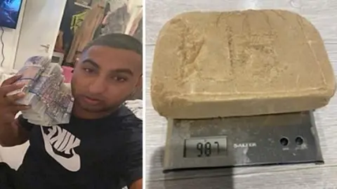 Leicestershire Police Two images from a phone, one showing a man holding a wad of cash and another showing a block of drugs on a scale