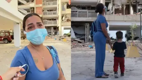 Nicole Kolster/BBC Two photos: the one on the left shows Alexandra Gabino wearing a face mask and a blue shirt. The other shows her in a full-body shot, seen from the side, holding the hand of her young son, who has his back to the camera. They are standing in front of the ruins of a building.