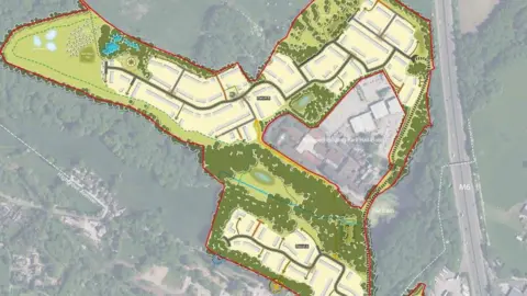Chorley Council An artist impression of how the site will look, it shows the area of where the development will cover, with the green spaces and building spaces depicted.