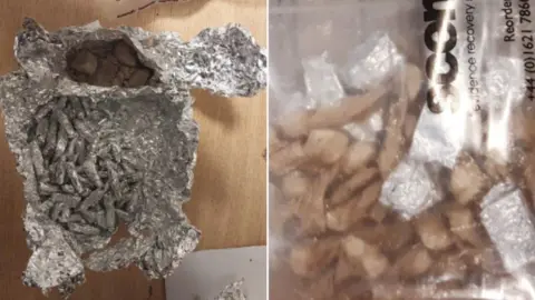 South Yorkshire Police This is two images of drugs. The photo on the left is of a piece of scrunched up aluminium foil with has a light brown rock like substance in it on the top of a desk. The second is a close up of a plastic bag containing the brown substance as well as small pieces of foil.