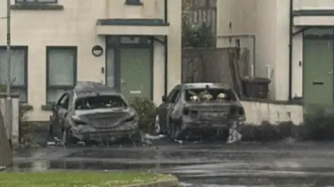Councillor Jamie Harpur Two cars burnt out in a driveway. There is a cream coloured house behind the cars. 