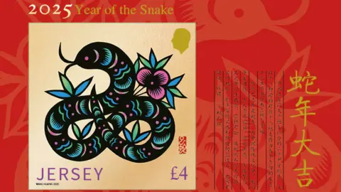 A miniature sheet from Jersey Stamps celebrating the Lunar New Year of the Snake. The artwork depicts a snake illustration surrounded by traditional Chinese-inspired designs. There is a red background with Chinese writing on the right hand side of the stamp.