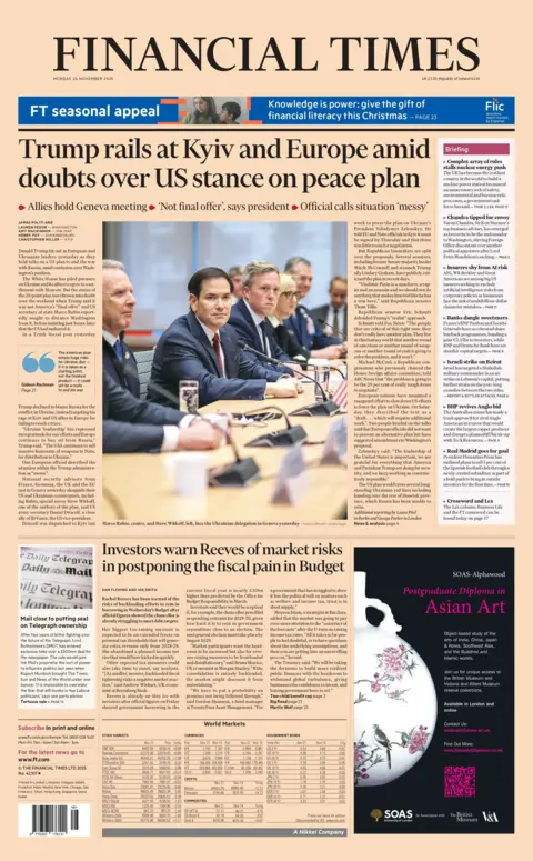 "Trump rails at Kyiv and Europe amid doubts over US stance on peace plan," reads the headline on the front page of the Financial Times.