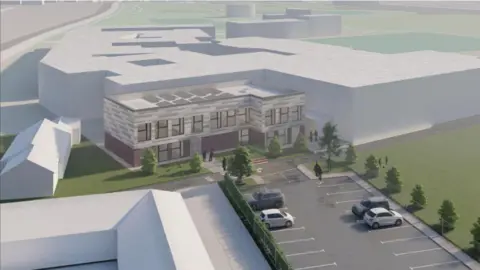 S2e A CGI showing the newly-approved block sat against the outline of the existing school