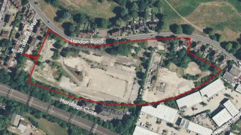 Berkeley Homes/Dacorum Borough Council An overhead view of the former gasworks site that was intended for redevelopment. It is derelict waste ground with the concrete footings of former buildings visible