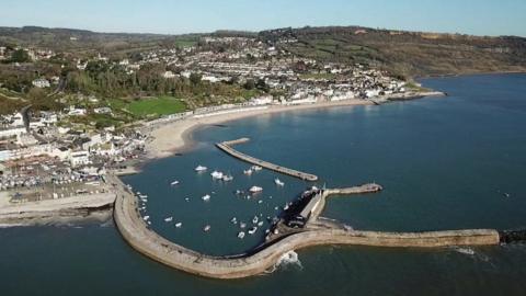 View of Lyme Regis harbour with beach and cliffs in the background