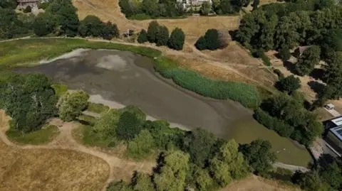 Warwick District Council A lake with areas of dry grass around it and green trees. 