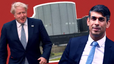 Boris Johnson and Rishi Sunak in a composite image in front of Wylfa nuclear power station