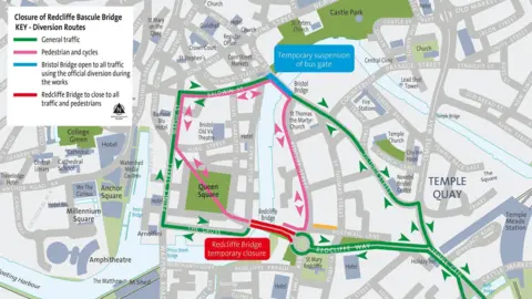 Bristol City Council A map and key showing a diversion route in Bristol