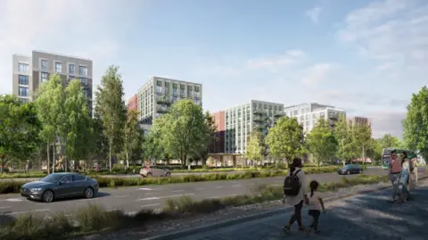 An artist's digital impression of what the Victoria House revamp could look like, showing five blocks of flats behind a road lined with large trees on a sunny day.