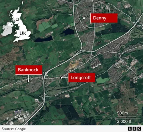 A satellite map showing the places where Cole was seen before he disappeared, Denny and Longcroft, as well as the village of Banknock, where his body was discovered.