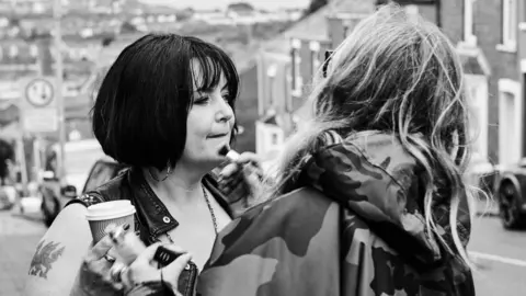 BBC/Toffee International Ltd/Tom Jackson Ruth Jones getting her make up done while filming on Trinity Street in Barry.