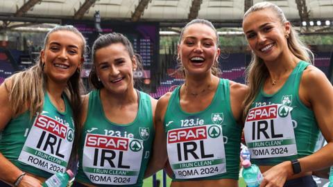 Ireland’s Lauren Cadden, Phil Healy, Sophie Becker and Sharlene Mawdsley celebrate their semi-final victory